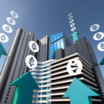 Skyscrapers with arrows and dollar signs rising around them. Investment. Essential Considerations for CRE Investments Based On Current Issues