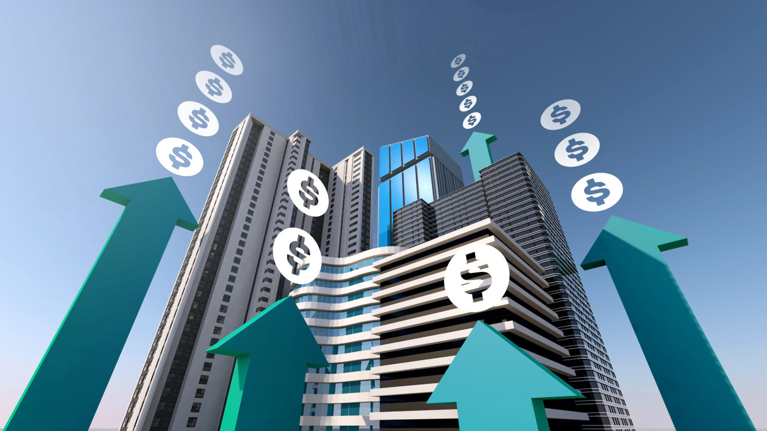 Skyscrapers with arrows and dollar signs rising around them. Investment. Essential Considerations for CRE Investments Based On Current Issues