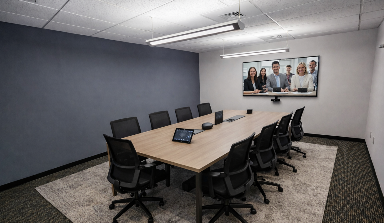 Modern conference room with video setup