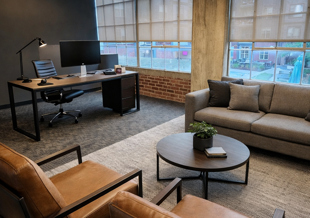 Modern industrial office with cozy seating