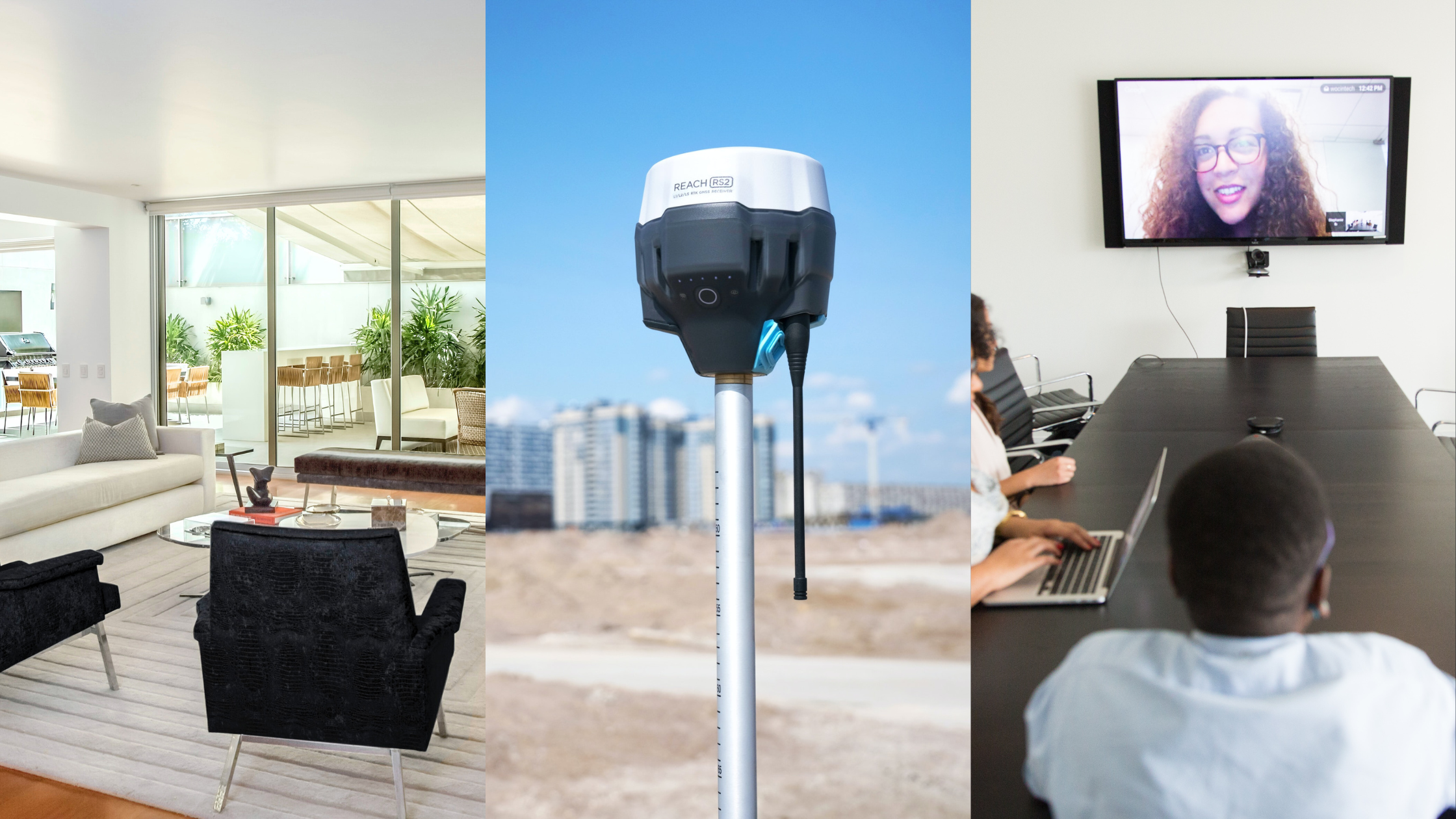 Image of an office turned open floor plan of residential space (left), a surveying tool (middle), and people in a conference room talking to someone on a video call (right).