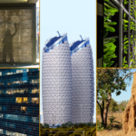 Repurposing Office Spaces and Incorporating Nature in Architecture. Images: Silhouette of three people behind a translucent concrete wall (top left), large multi-level buildings (bottom left), the Al Bahar, or Al Bahr, towers in Abu Dhabi (middle), plants on shelves in a vertical farm (top right), and termite mounds near trees (bottom right).