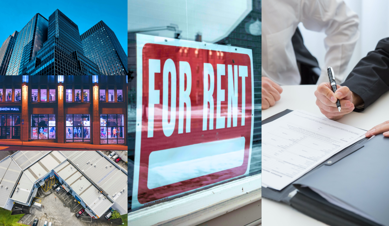 Choosing Commercial Investment Properties, Tenant Allowances, and Commercial Rent Structure. Image of a large group of office buildings (top, left), image of the outside windows of a fashion mall (middle, left), overhead view of an industrial building (bottom left), image of a red and white "for rent" sign (middle), and image of a person signing a contract while someone else watches (right).