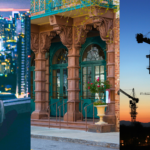 Consumer-Based Commercial Success, Preserving Historical Buildings, and RTO Struggles. Image of a woman sitting on a building while over looking other buildings of a city at sunset/sunrise (left), image of a building with historic architecture (middle), and image of construction site cranes against a sunsetting sky (right).