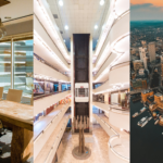 Smaller Law Firm Offices, Abandoned Malls, and Hybrid Work Causing Higher Taxes. Image of an office conference room (left), a multi-level shopping mall (middle), a bird's eye view of Boston, MA (right).