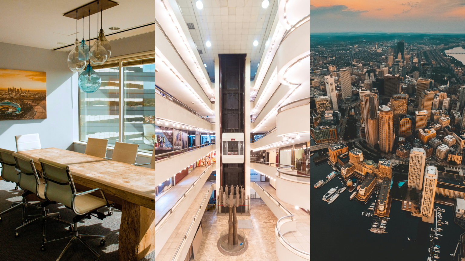 Smaller Law Firm Offices, Abandoned Malls, and Hybrid Work Causing Higher Taxes. Image of an office conference room (left), a multi-level shopping mall (middle), a bird's eye view of Boston, MA (right).