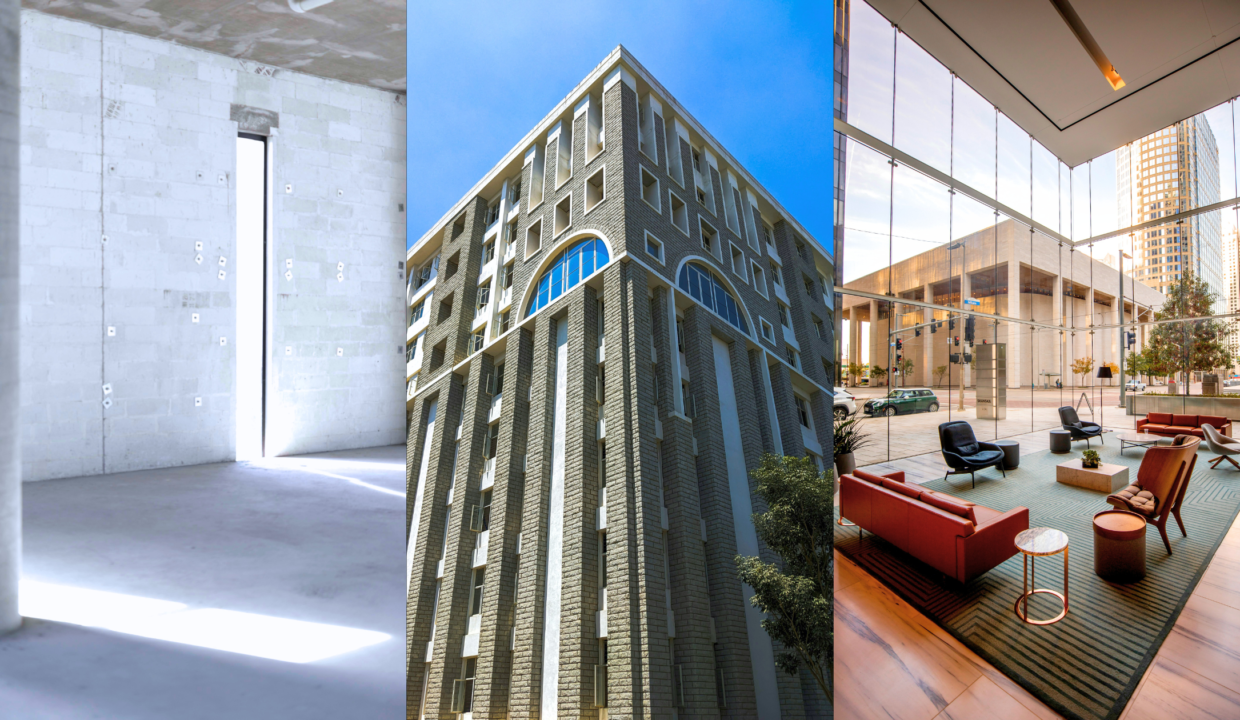 CRE Vacancy Rates, Designing Captivating Buildings, and Investing in Office Spaces. Image of an empty commercial space under construction (left), a large building (middle), and the interior of an office lobby space (right).