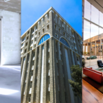 CRE Vacancy Rates, Designing Captivating Buildings, and Investing in Office Spaces. Image of an empty commercial space under construction (left), a large building (middle), and the interior of an office lobby space (right).