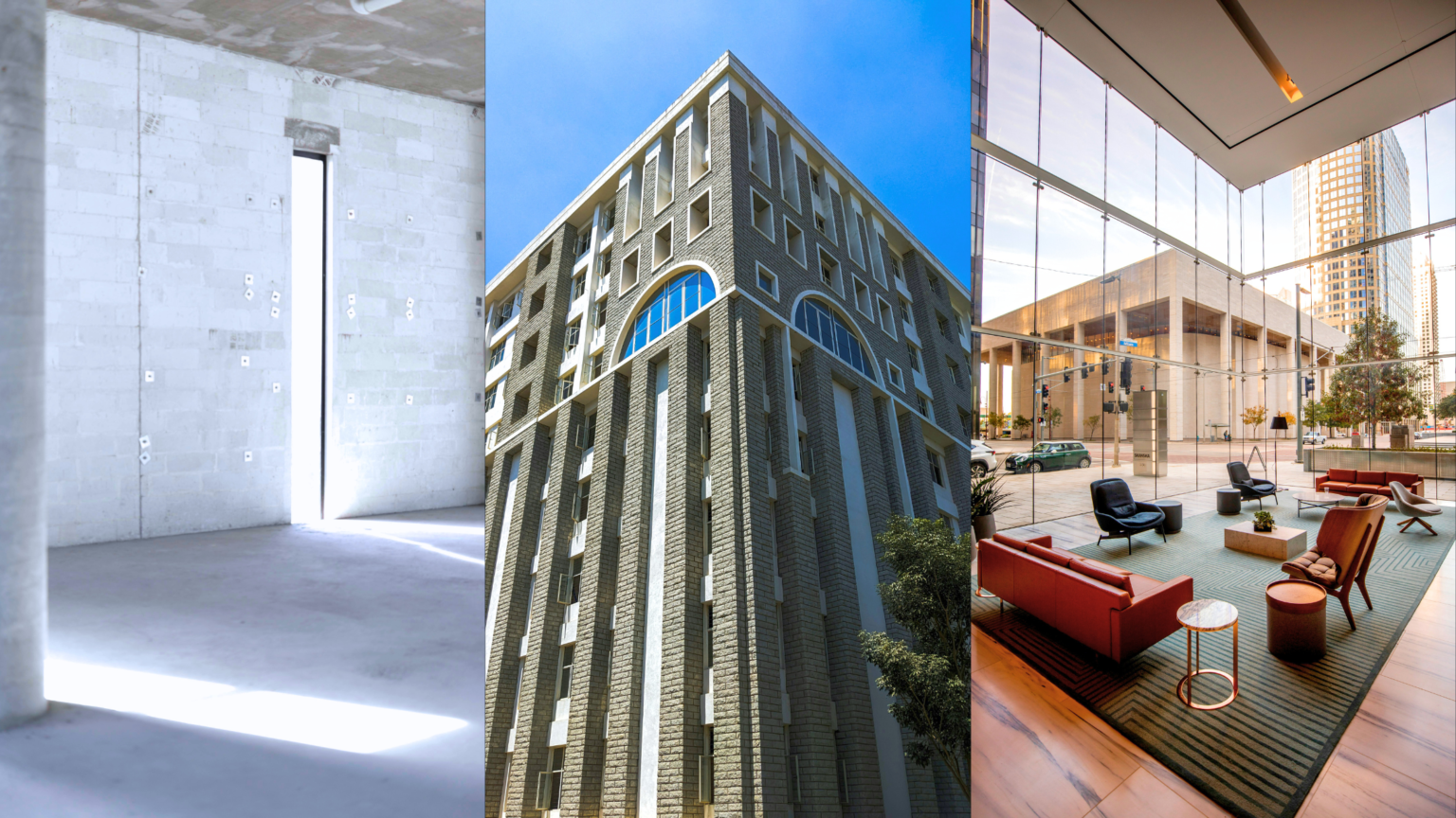 CRE Vacancy Rates, Designing Captivating Buildings, and Investing in Office Spaces. Image of an empty commercial space under construction (left), a large building (middle), and the interior of an office lobby space (right).