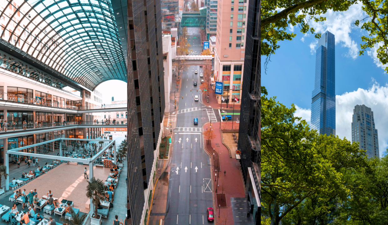 Entertainment Retail Anchors, Commercial Location Strategy, and Billionaires’ Row Vacancies. Image of the inside of a shopping mall (left), a city street from a bird's eye view (middle), and buildings on Billionaires' Row in New York City (right).