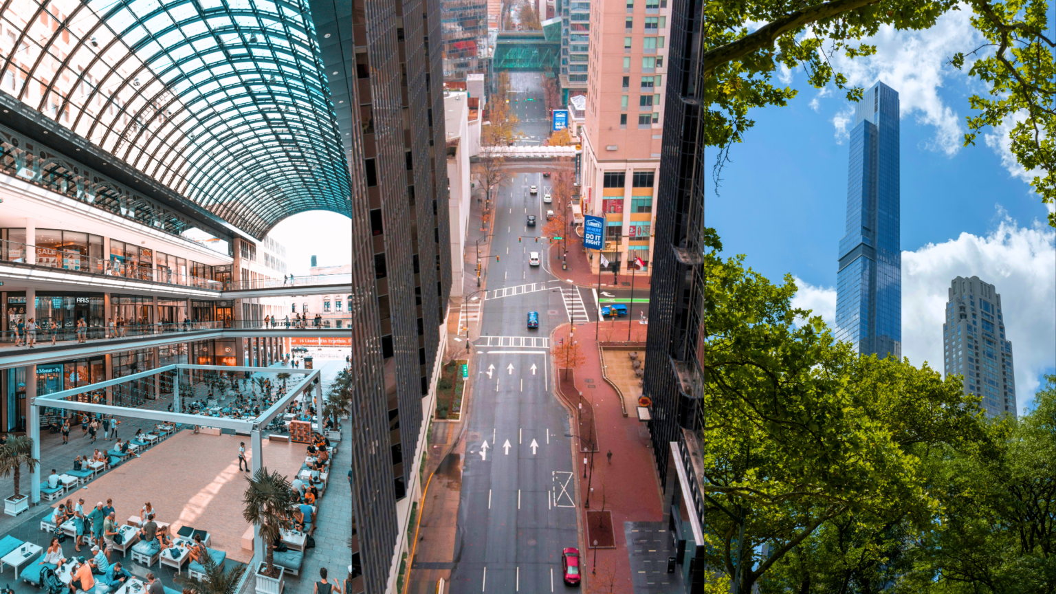 Entertainment Retail Anchors, Commercial Location Strategy, and Billionaires’ Row Vacancies. Image of the inside of a shopping mall (left), a city street from a bird's eye view (middle), and buildings on Billionaires' Row in New York City (right).