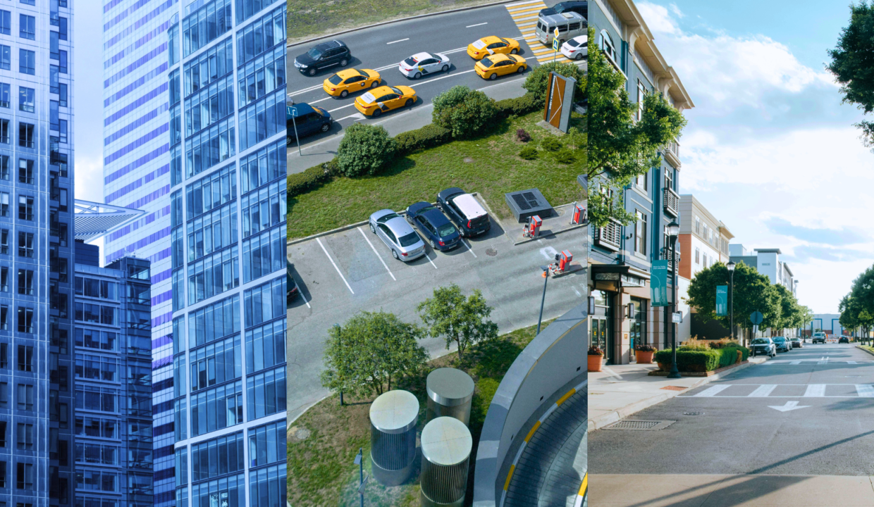 Navigating CRE Market Challenges, Improving Traffic Safety, and Decentralized Offices. Image of multi-level buildings side by side (left), bird's eye view of a parking lot next to a street of traffic (middle), a community area with some commercial buildings.