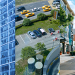 Navigating CRE Market Challenges, Improving Traffic Safety, and Decentralized Offices. Image of multi-level buildings side by side (left), bird's eye view of a parking lot next to a street of traffic (middle), a community area with some commercial buildings.