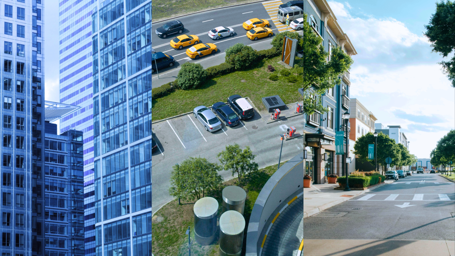 Navigating CRE Market Challenges, Improving Traffic Safety, and Decentralized Offices. Image of multi-level buildings side by side (left), bird's eye view of a parking lot next to a street of traffic (middle), a community area with some commercial buildings.