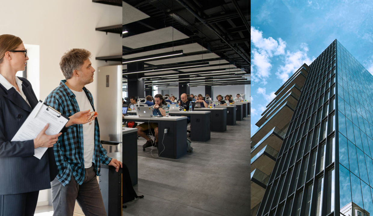 Tenant Retention, Office Space Planning, and CRE Investing. Image of a realtor showing a potential tenant a space (left), an office space filled with rows of desks and workers (middle), and a large building (right).