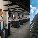 Tenant Retention, Office Space Planning, and CRE Investing. Image of a realtor showing a potential tenant a space (left), an office space filled with rows of desks and workers (middle), and a large building (right).