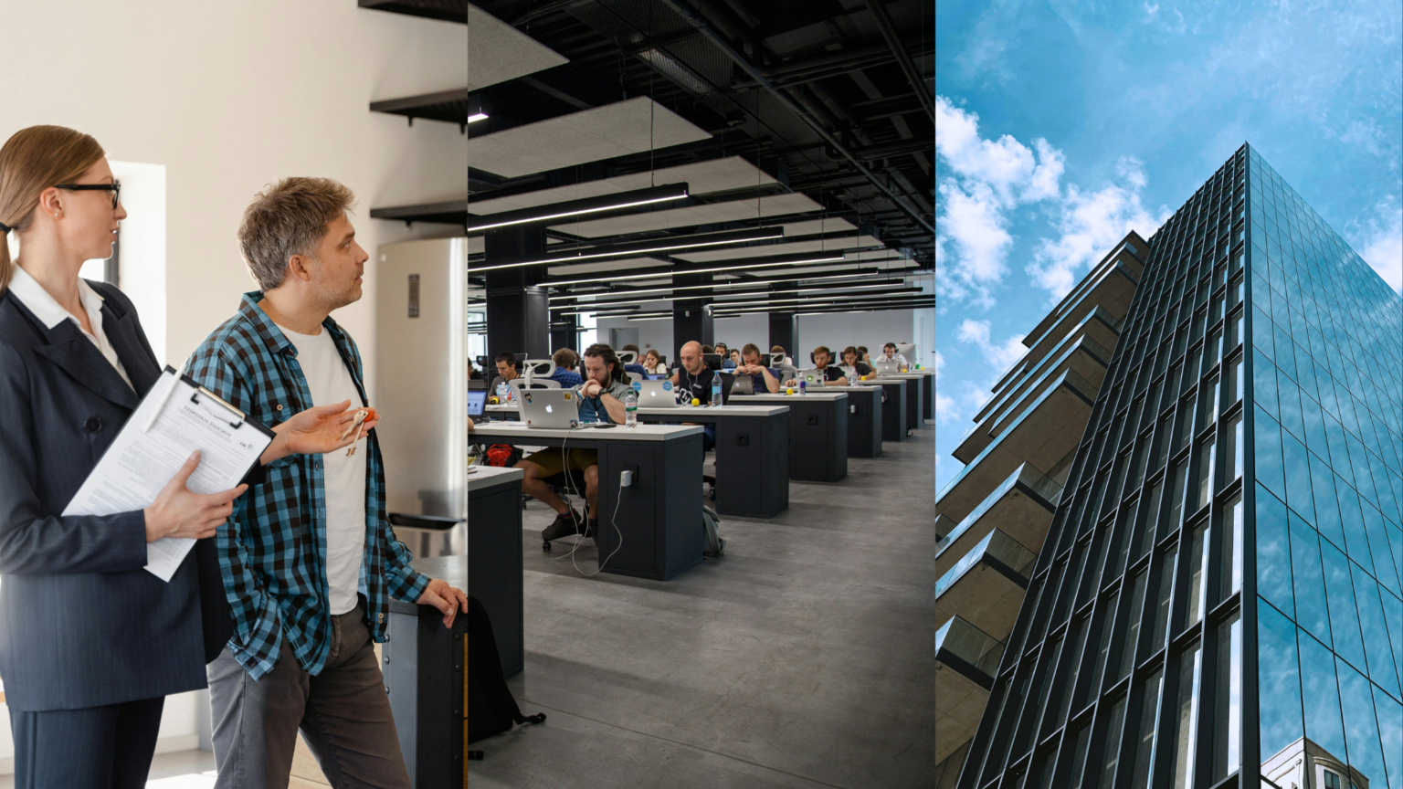 Tenant Retention, Office Space Planning, and CRE Investing. Image of a realtor showing a potential tenant a space (left), an office space filled with rows of desks and workers (middle), and a large building (right).