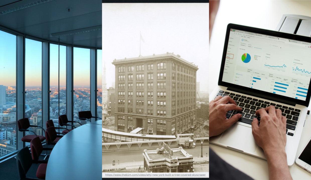 Evolving Tenant Requirements, Skyscraper Relocation, and CRE Technology. Image of a conference room and desk with chairs in front of large windows (left), the Indiana Bell Telephone Company building in 1929 (middle), a person working on a laptop (right).