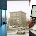 Evolving Tenant Requirements, Skyscraper Relocation, and CRE Technology. Image of a conference room and desk with chairs in front of large windows (left), the Indiana Bell Telephone Company building in 1929 (middle), a person working on a laptop (right).