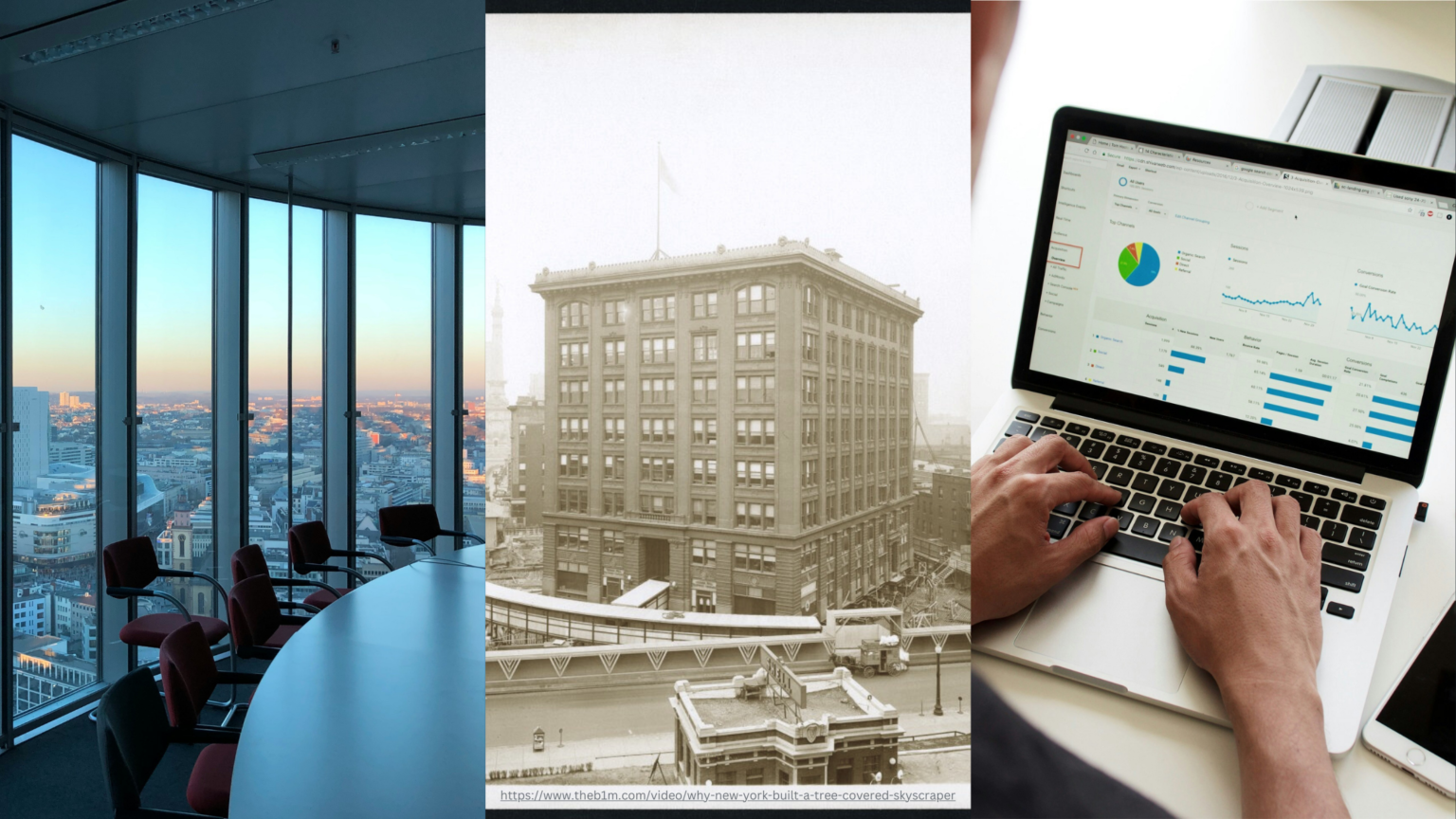 Evolving Tenant Requirements, Skyscraper Relocation, and CRE Technology. Image of a conference room and desk with chairs in front of large windows (left), the Indiana Bell Telephone Company building in 1929 (middle), a person working on a laptop (right).