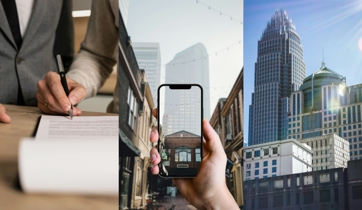 Attracting High-Paying Tenants, Modern Marketing Strategies, and CRE Resurgence. Image of a person signing paperwork while someone else witnesses it (left), a person taking a picture of a building in Uptown Charlotte, NC, with a smart phone (middle), and buildings in Uptown Charlotte, NC (right).