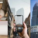 Attracting High-Paying Tenants, Modern Marketing Strategies, and CRE Resurgence. Image of a person signing paperwork while someone else witnesses it (left), a person taking a picture of a building in Uptown Charlotte, NC, with a smart phone (middle), and buildings in Uptown Charlotte, NC (right).