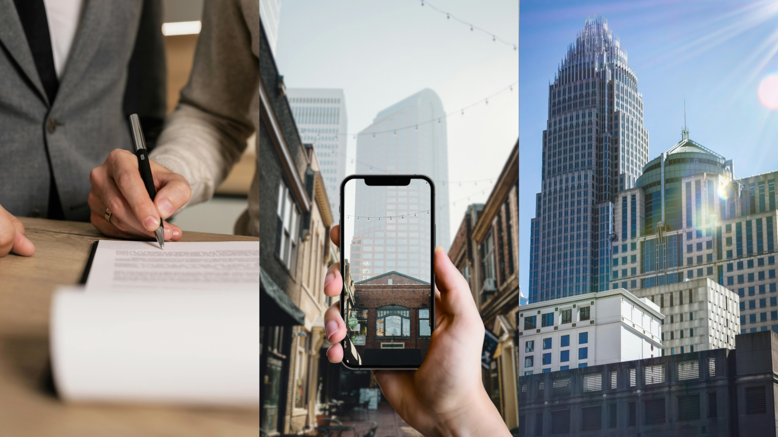 Attracting High-Paying Tenants, Modern Marketing Strategies, and CRE Resurgence. Image of a person signing paperwork while someone else witnesses it (left), a person taking a picture of a building in Uptown Charlotte, NC, with a smart phone (middle), and buildings in Uptown Charlotte, NC (right).