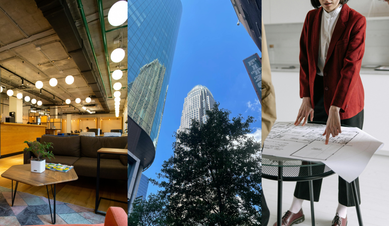 Reviving Office Spaces, CRE Life Cycles, and Landlord-Built Office Spaces. Image of a flex office space (left), buildings in Charlotte, NC (middle), and a person pointing at blueprints laid out on a table (right).