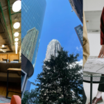 Reviving Office Spaces, CRE Life Cycles, and Landlord-Built Office Spaces. Image of a flex office space (left), buildings in Charlotte, NC (middle), and a person pointing at blueprints laid out on a table (right).