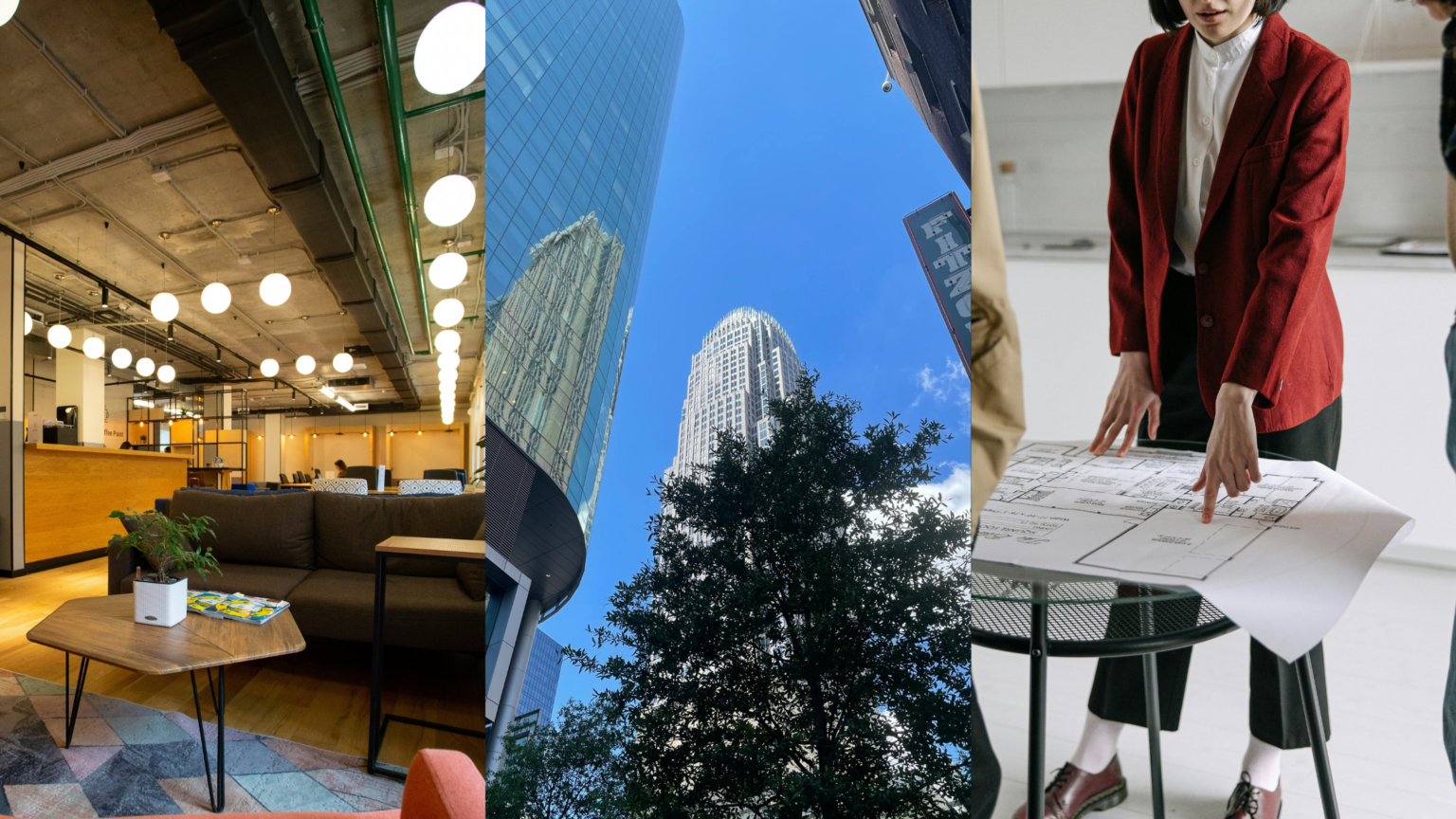 Reviving Office Spaces, CRE Life Cycles, and Landlord-Built Office Spaces. Image of a flex office space (left), buildings in Charlotte, NC (middle), and a person pointing at blueprints laid out on a table (right).