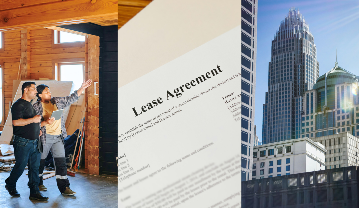 Office Space Assessments, The Blend and Extend Strategy, and CRE in 2025. Image of people touring a space (left), a lease agreement (middle), and buildings in Charlotte, NC (right).