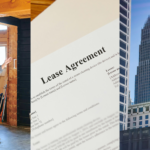 Office Space Assessments, The Blend and Extend Strategy, and CRE in 2025. Image of people touring a space (left), a lease agreement (middle), and buildings in Charlotte, NC (right).