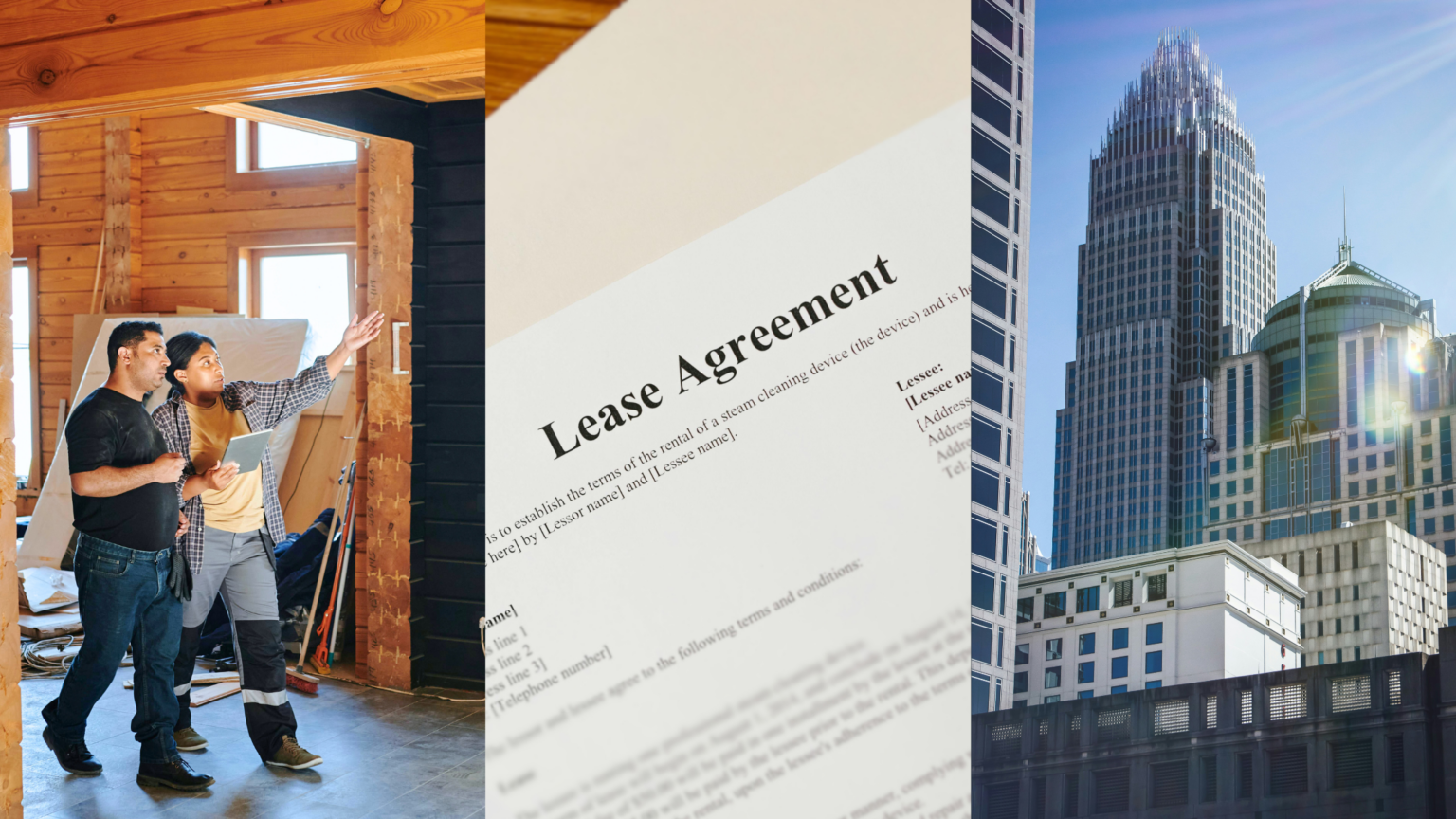 Office Space Assessments, The Blend and Extend Strategy, and CRE in 2025. Image of people touring a space (left), a lease agreement (middle), and buildings in Charlotte, NC (right).