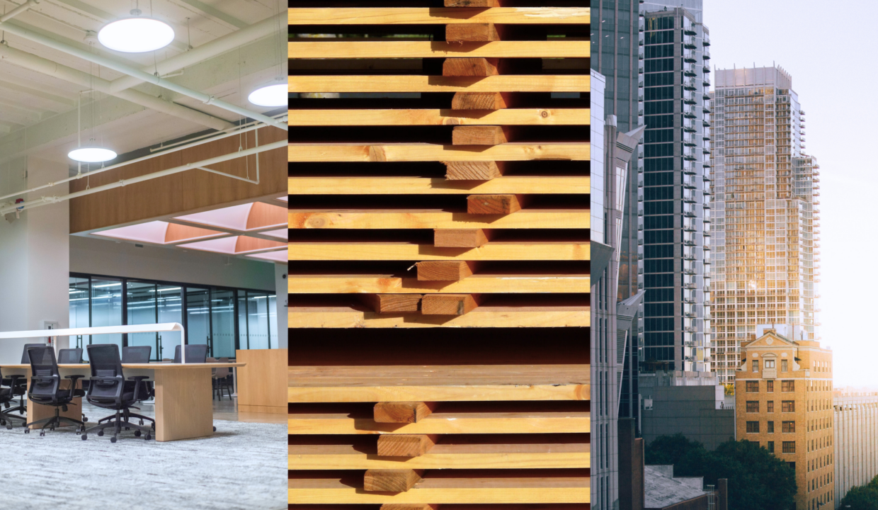 Office Sector Growth, Mass Timber, and CRE Recovery in 2025. Image of an office space (left), stacked mass timber (middle), and buildings in Uptown Charlotte, NC (right).