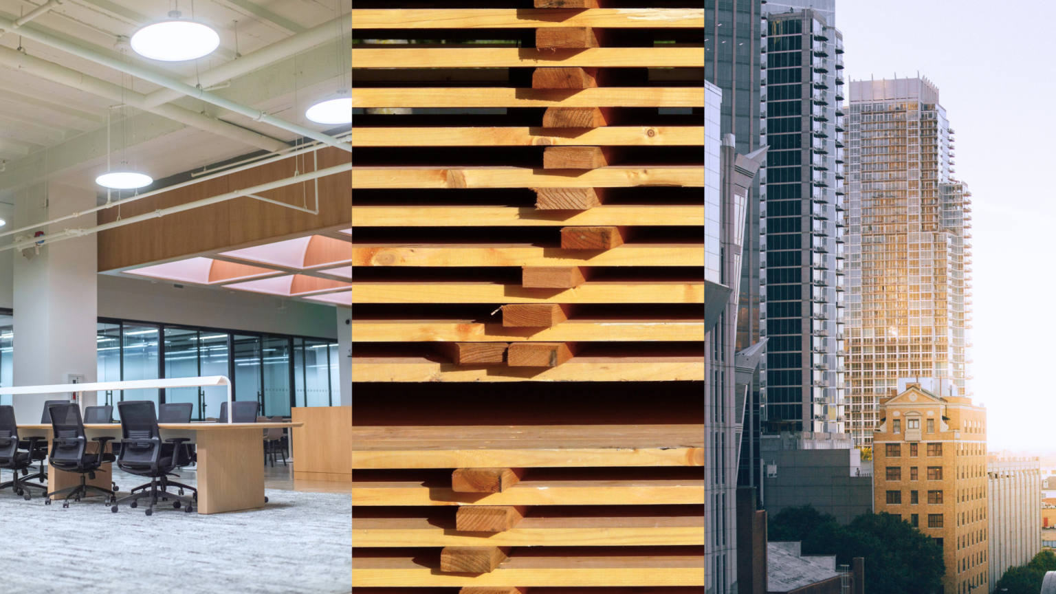 Office Sector Growth, Mass Timber, and CRE Recovery in 2025. Image of an office space (left), stacked mass timber (middle), and buildings in Uptown Charlotte, NC (right).