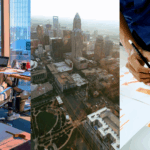RTO Optimization, Zoning Laws, and Data-Driven Growth Strategies. Image of people at a desk in front of a window (left), a bird's eye view of Uptown Charlotte, NC (middle), and a person holding a pencil over paperwork.
