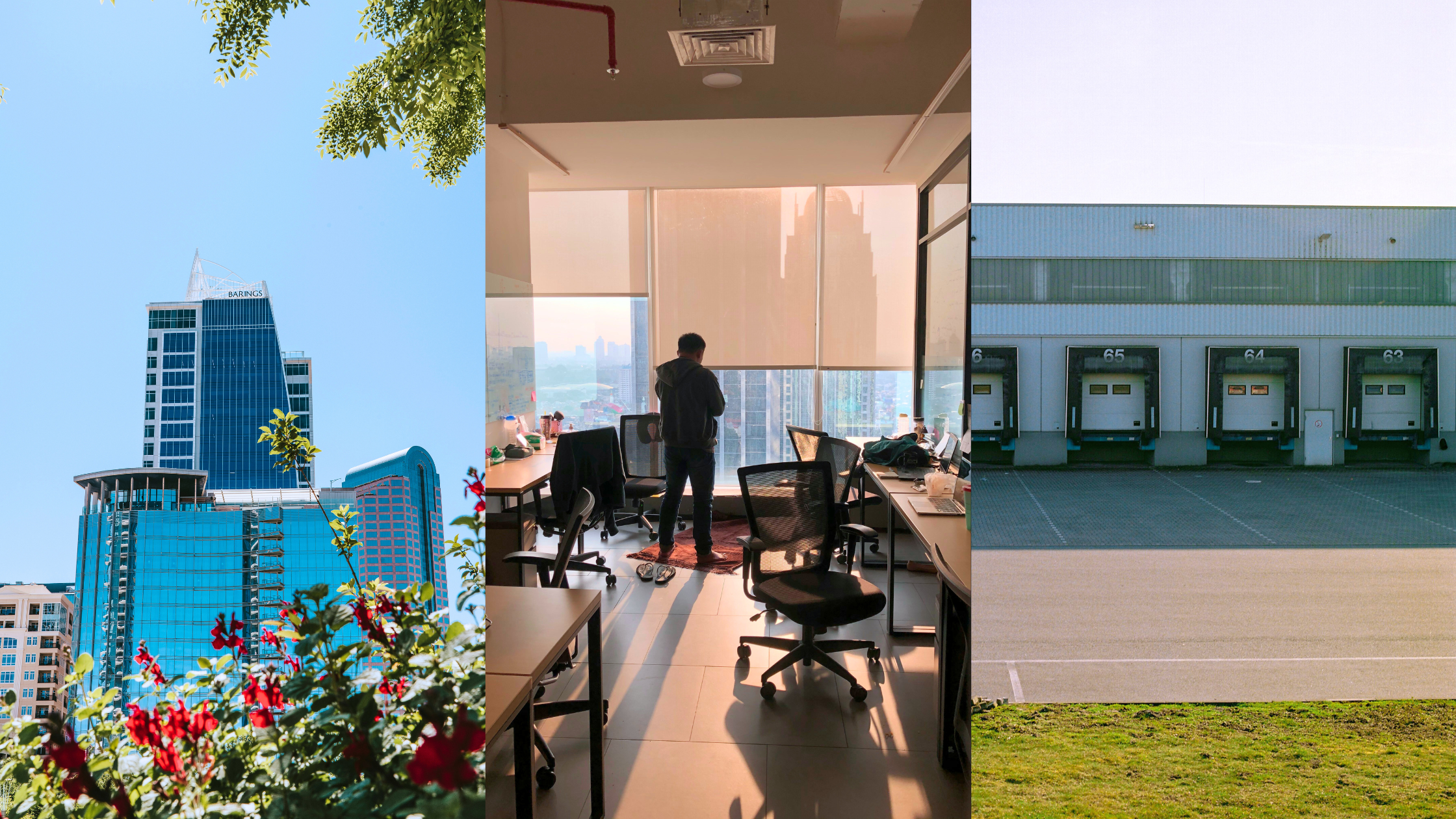 Commercial Property Pricing Growth, Investment Opportunities, and Optimizing the Industrial Sector. Image of a building in Uptown Charlotte (left), a person in an office space with a window overlooking other buildings (middle), and the loading dock of a warehouse (right).