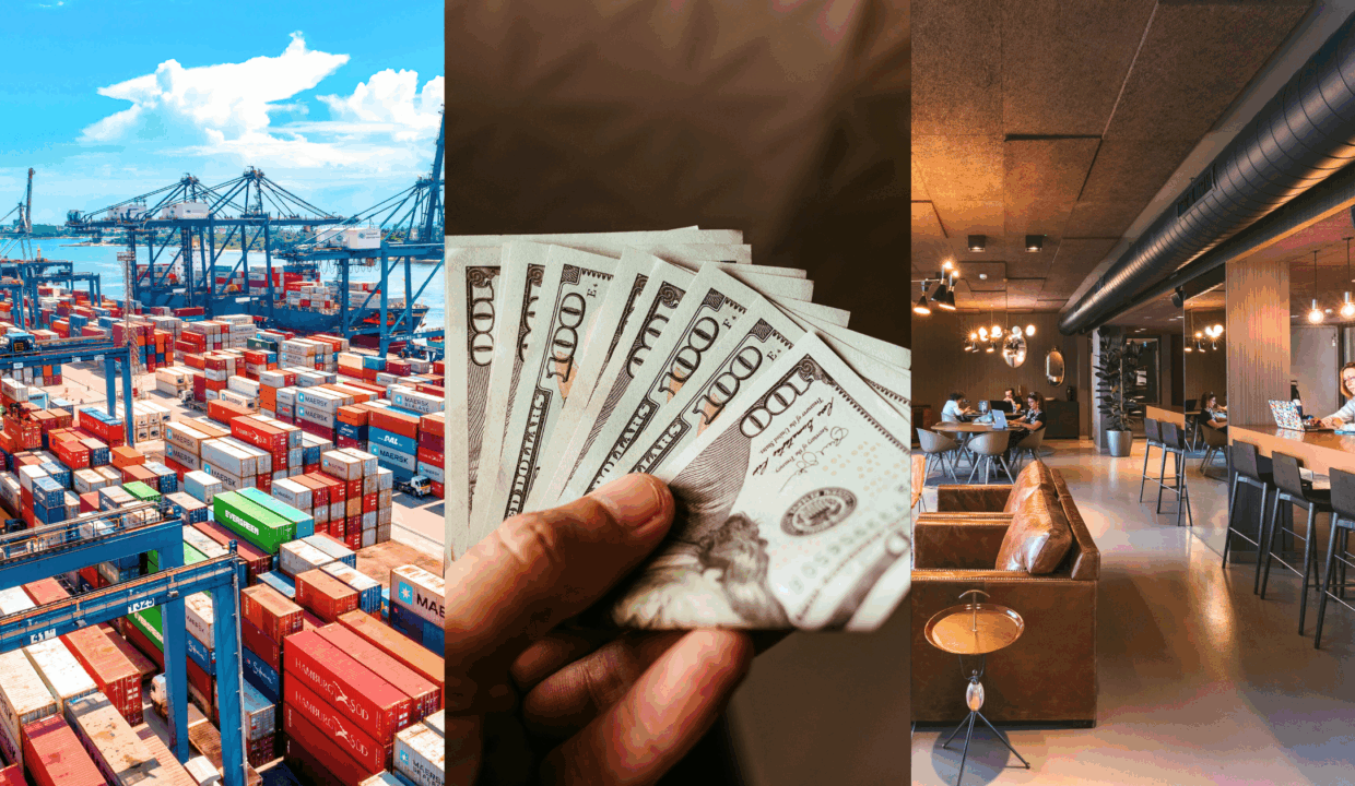 Tariff Impacts, Increased Lending, and Amenity Updates. Image of a port filled with various shipping containers (left), a person holding $100 bills (middle), and people working in a room (right).