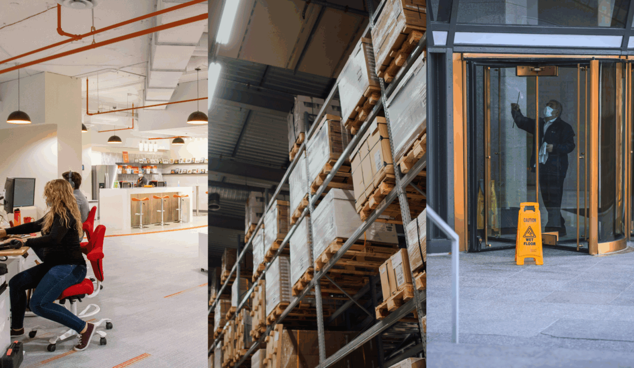Intentional Office Spaces, Logistics Efficiency, and Tenant Retention. Image of a modern office setting (left), inventory on shelves in an industrial building (center), and a building staff member cleaning a glass door (right).