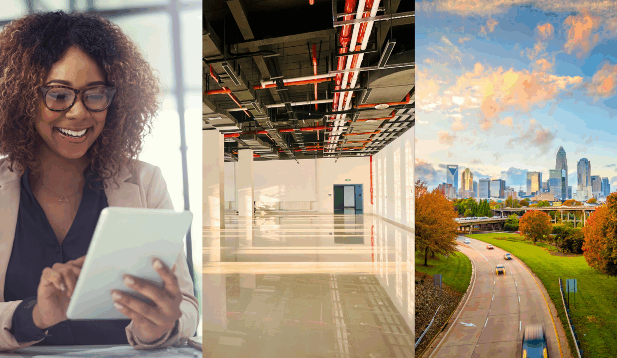 Listing Visibility, Reevaluating Space, and a Positive Outlook. Image of a woman looking at an electronic tablet (left), an empty building space (middle), and Uptown Charlotte NC (right).