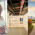 Listing Visibility, Reevaluating Space, and a Positive Outlook. Image of a woman looking at an electronic tablet (left), an empty building space (middle), and Uptown Charlotte NC (right).