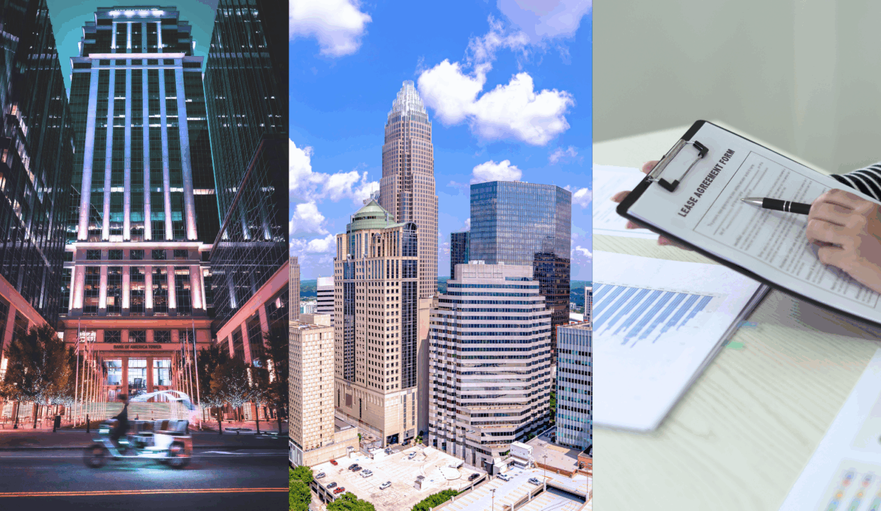 Community-Driven Spaces, Tenant Analysis, and Connectivity Responsibilities - Image of a building in Charlotte, NC (left), buildings in Uptown Charlotte, NC (middle), and a person holding a clipboard with a lease agreement form on it (right).