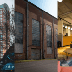 CRE Cycles, Overlooked Industrial Properties, and Lifestyle-Driven Work Environments. Image of buildings in Uptown Charlotte (left), an industrial warehouse (middle), and a modern office space (right).
