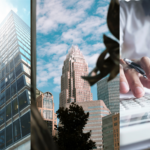 2026 CRE Market Outlook, Charlotte’s Office Market, and Creative Financing Strategies. Image of the ground view of skyscraper buildings (left), buildings in Uptown Charlotte, NC (middle), and a person using a calculator (right).