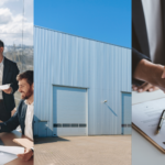 Office Market, Industrial Flexibility, and Working with a CRE Broker. Image of people in an office looking at paperwork (left), an industrial building (middle), people shaking hands over paperwork (right).