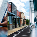 Lease Negotiation, Owning vs. Leasing, and Workplace Recalibration. Image of a person signing an agreement (left), a building with multiple storefronts (middle), and people walking in a hallway (right).
