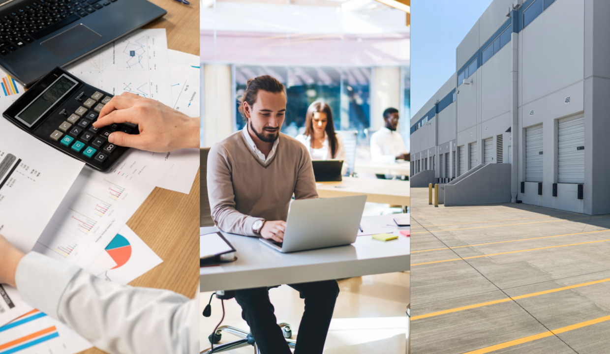 Insurance Expenses, Coworking Demand, and Industrial Adaptability. Image of a person looking at papers, graphs, a laptop, and a calculator on a desk (left); people working in a coworking space (middle); and the exterior of an industrial warehouse building (right).