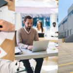 Insurance Expenses, Coworking Demand, and Industrial Adaptability. Image of a person looking at papers, graphs, a laptop, and a calculator on a desk (left); people working in a coworking space (middle); and the exterior of an industrial warehouse building (right).