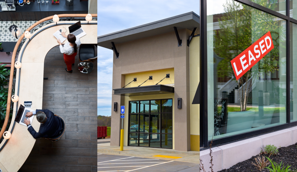 Evolving Workplace Furnishing, Adaptive Reuse, and Leasing vs Buying Office Spaces. Image of people working on laptops on a curved desk overlooking another floor (left), a vacant storefront (middle), and a 'Leased' sign in a window (right).