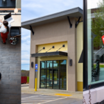 Evolving Workplace Furnishing, Adaptive Reuse, and Leasing vs Buying Office Spaces. Image of people working on laptops on a curved desk overlooking another floor (left), a vacant storefront (middle), and a 'Leased' sign in a window (right).